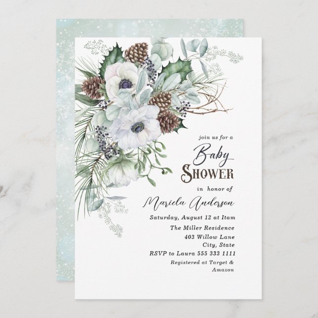 Convite Aquarela Chá de fraldas das flores dos anêmonos in (Frente/Verso)