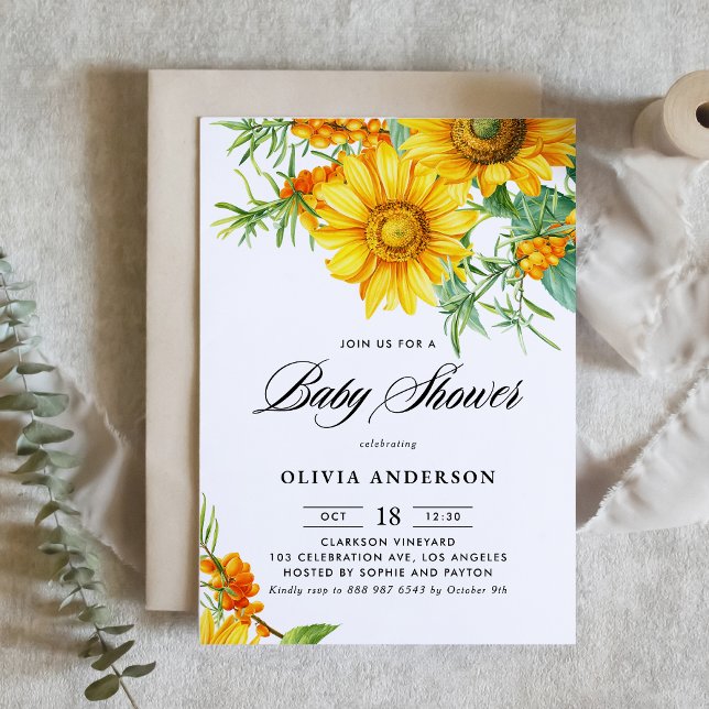 Convite Aquarela Chá de fraldas girassol e espinho marinho (Botanical baby shower invitation featuring illustrations of yellow sunflower and sea buckthorn.)