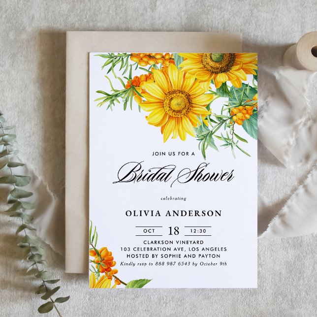 Convite Aquarela Chá de panela de girassol e espinho marin (Botanical bridal shower invitation featuring illustrations of yellow sunflower and sea buckthorn.)