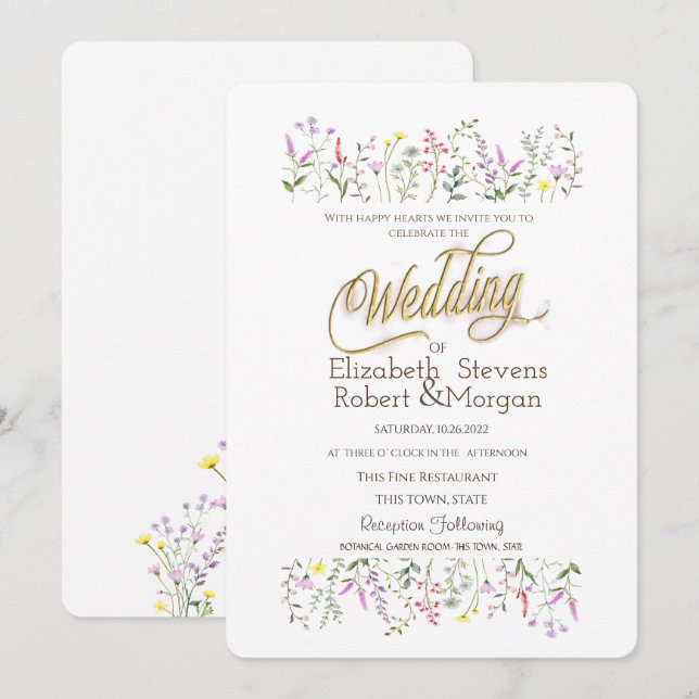 Convite Aquarela Chic Casamento de Flores Silvestres (Frente/Verso)