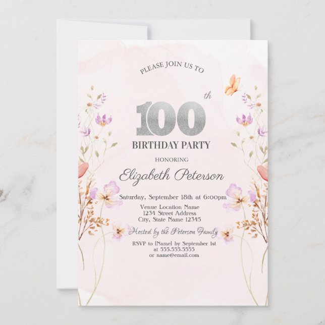 Convite Aquarela Chic de Flores Silvestres Lilás Aniversár (Frente)