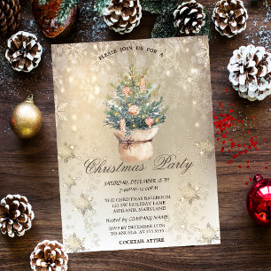 Convite Aquarela Chic Pinheiro Flocos de Neve Dourado