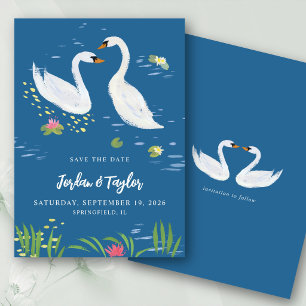 Convite Aquarela Cisnes Romântico Salvar a Data Azul