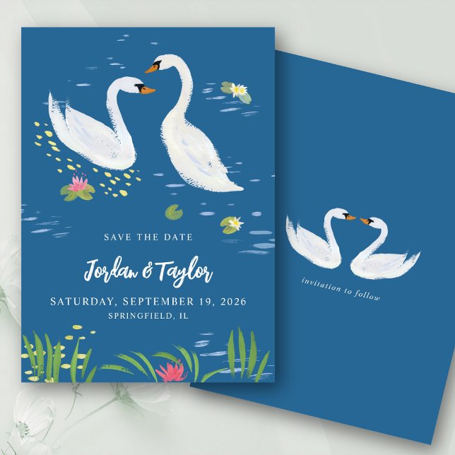 Convite Aquarela Cisnes Romântico Salvar a Data Azul (Soft watercolor swans on a rich blue pond. Personalize names, date & location in seconds.)