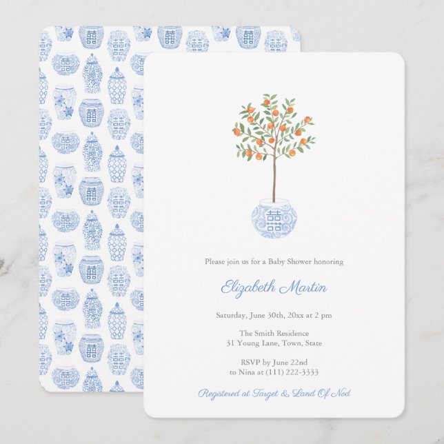 Convite Aquarela Citrus Orange Tree Baby Boy Chá (Frente/Verso)