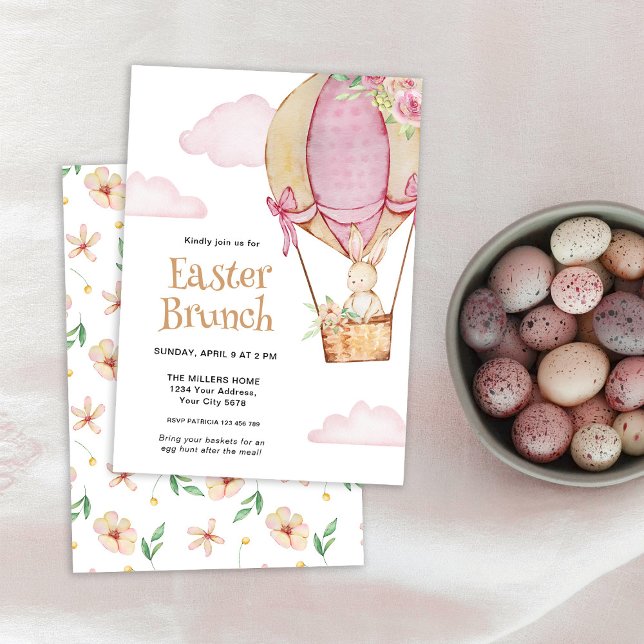 Convite Aquarela Coelho Fofo com Balão Brunch de Páscoa (Criador carregado)
