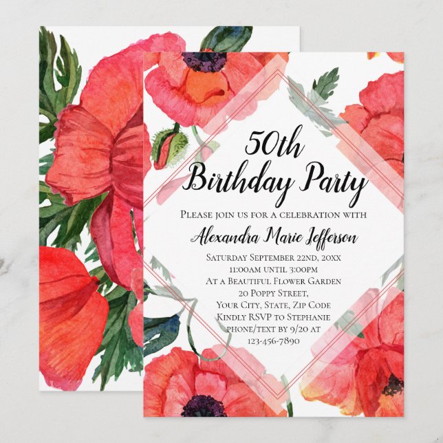 Convite Aquarela com flor de papoila Womens 50ª Festa de a (Frente/Verso)