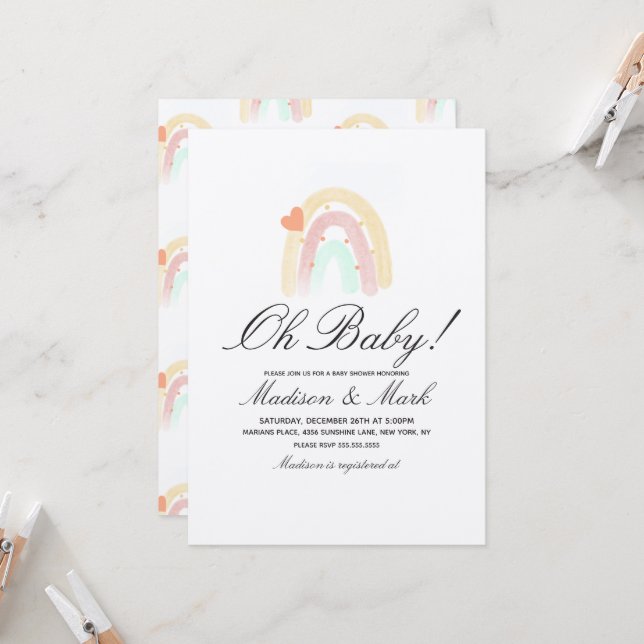 Convite Aquarela Coração Arco Arco-Íris Chá de fraldas Rús (Frente/Verso In Situ)