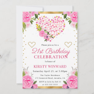 Convite Aquarela Corações Flores Rosa Dourado Aniversário