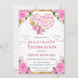 Convite Aquarela Corações Flores Rosa Dourado Quinze Anos