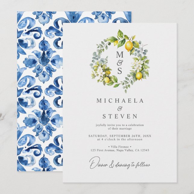 Convite Aquarela Coroa Botânica de Limão Casamento (Frente/Verso)