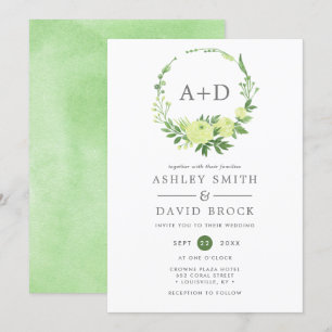 Convite Aquarela Coroa de Monograma de Folhagem Casamento
