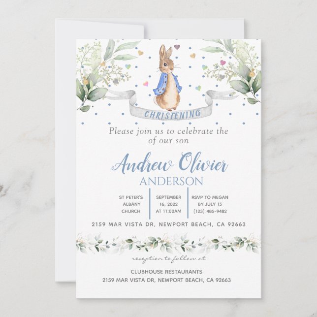 Convite Aquarela Cute Peter Rabbit Boy    ChristeningIn (Frente)