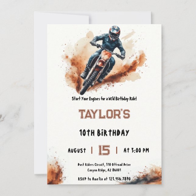 Convite Aquarela de Aniversário de Motociclista com Mancha (Frente)