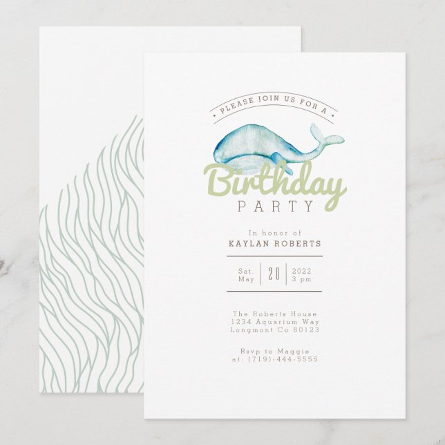 Convite Aquarela de baleia | FESTA DE ANIVERSÁRIO | Vida n (Frente/Verso)