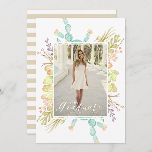 Convite Aquarela de Buquê Suculente | FESTA DE FORMATURA (Frente/Verso)