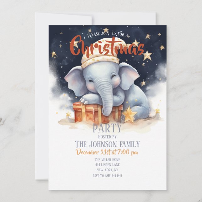Convite Aquarela de Elefante de Natal (Frente)