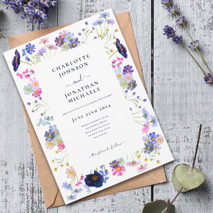 Convite Aquarela de Flores Silvestres Modernas Azul Marinh