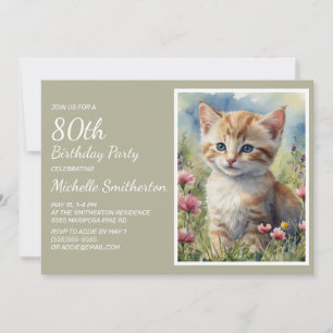 Convite Aquarela de Gatinho Amarelo Fofo para 80º Aniversá