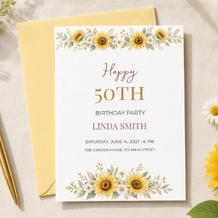 Convite Aquarela de Girassol Aniversário de 50 anos