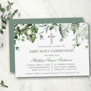 Convite Aquarela de hera e fetos em verde sálvia para comu