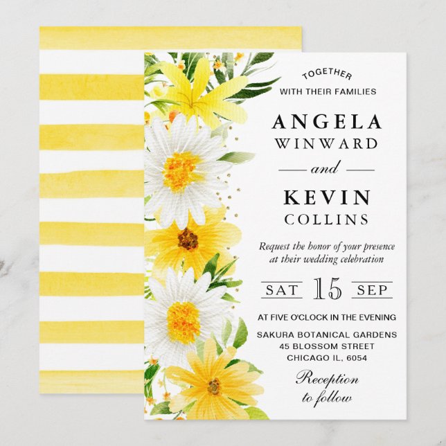 Convite Aquarela de Margaridas e Flores Amarelas Casamento (Frente/Verso)