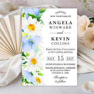 Convite Aquarela de Margaridas e Flores Azuis Casamento