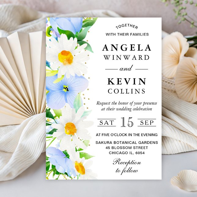 Convite Aquarela de Margaridas e Flores Azuis Casamento (Criador carregado)