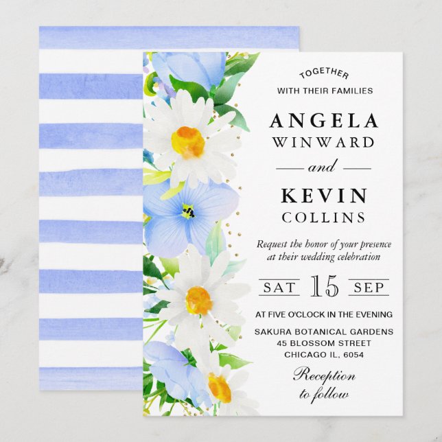 Convite Aquarela de Margaridas e Flores Azuis Casamento (Frente/Verso)