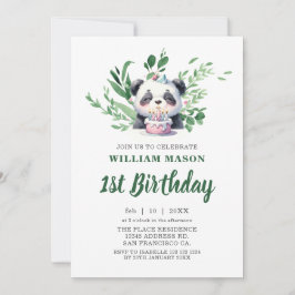 Convite Aquarela de Panda Fofo com Folhagens para 1º Anive