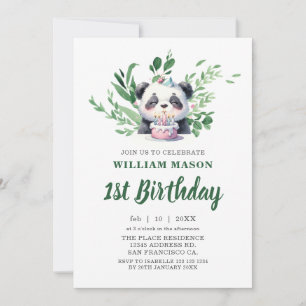 Convite Aquarela de Panda Fofo com Folhagens para 1º Anive