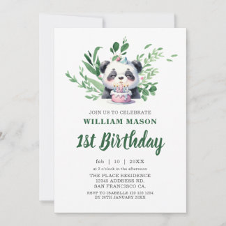 Convite Aquarela de Panda Fofo com Folhagens para 1º Anive