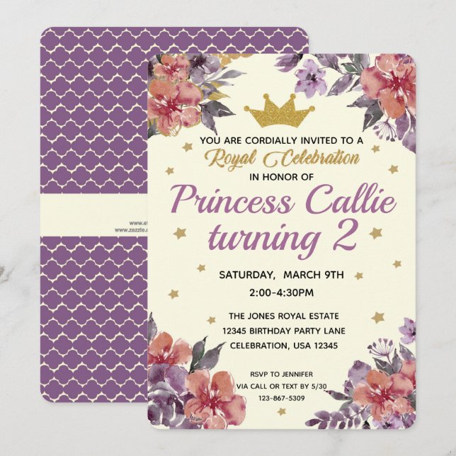 Convite Aquarela de Princesa Floral & Brilho Dourado Elega (Frente/Verso)