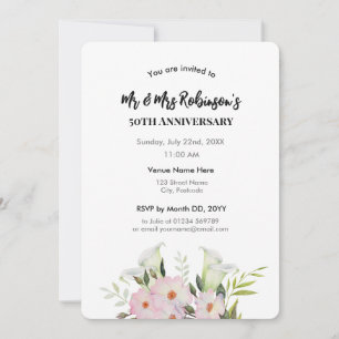 Convite Aquarela de Rosas e Lírios Calla Brancos do 50º An