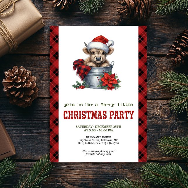 Convite Aquarela de vaca das Terras Altas em balde Natal (Watercolor highland cow in bucket Christmas Invitation)