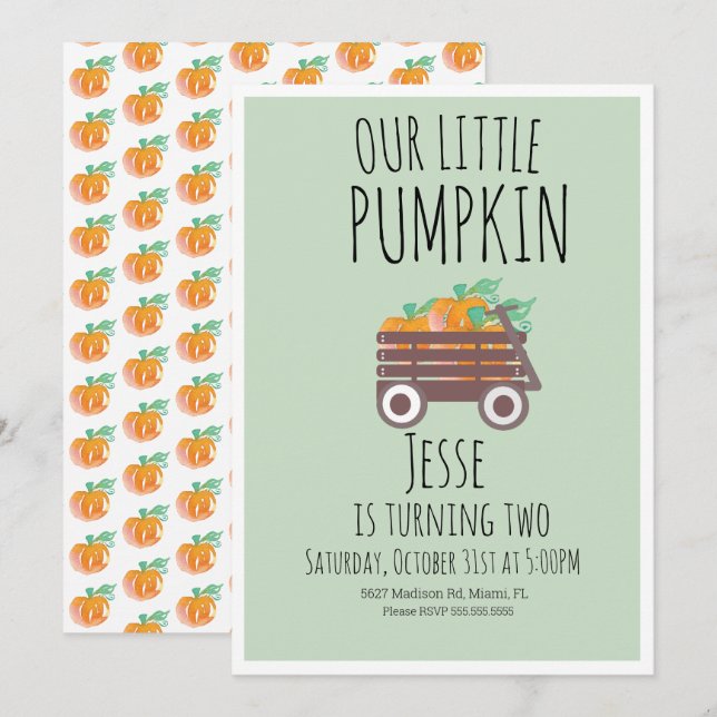 Convite Aquarela de Vagão Moderno Pequenos Abóboras de Hal (Frente/Verso)