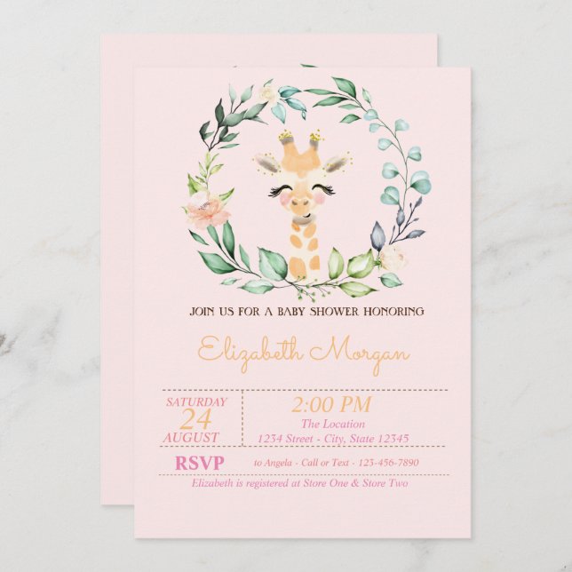 Convite Aquarela Deixa Chá de fraldas de Girafa de Bebê Fl (Frente/Verso)
