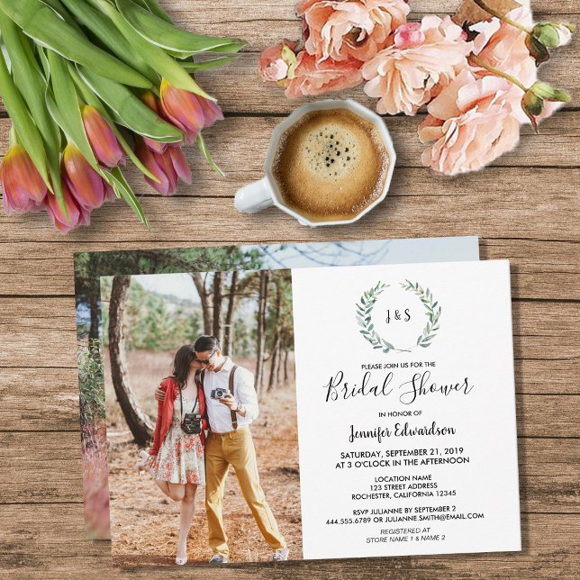 Convite Aquarela deixa Chá de panela de fotografia monogra (Modern rustic watercolor leaves monogrammed photo Bridal Shower Invitation.)
