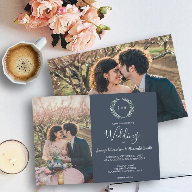 Convite Aquarela deixa marinho azul  fotografia monograma  (Rustic navy blue, watercolor leaves, photo and monograms wedding invitation. )