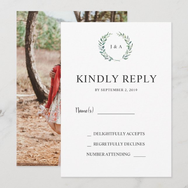 Convite Aquarela deixa monograma foto casamento RSVP (Frente/Verso)