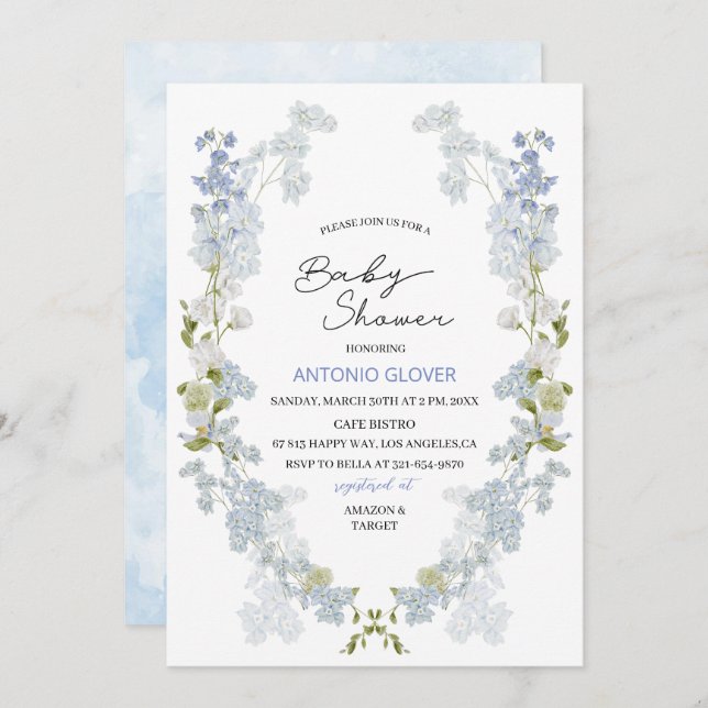 Convite Aquarela Delphinium Blue Flores chá de fraldas (Frente/Verso)