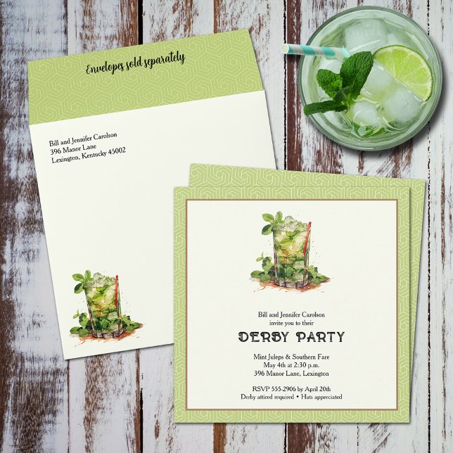 Convite Aquarela Derby do Julep de Hortelã (Watercolor Mint Julep Derby Square Invitations (Envelopes sold separately))