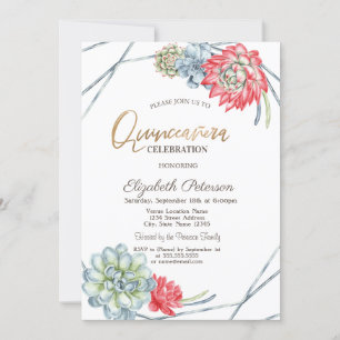 Convite Aquarela Deserto Suculentas Vermelhas Quinceañera