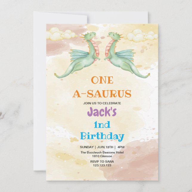 Convite Aquarela do Dinossauro do Primeiro primeiro aniver (Frente)