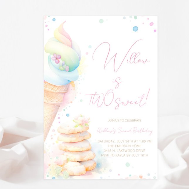 Convite Aquarela Doce Garota Dois Bons Aniversário (Pretty watercolor treats Two Sweet second birthday party invitation. Simply add your event details.)