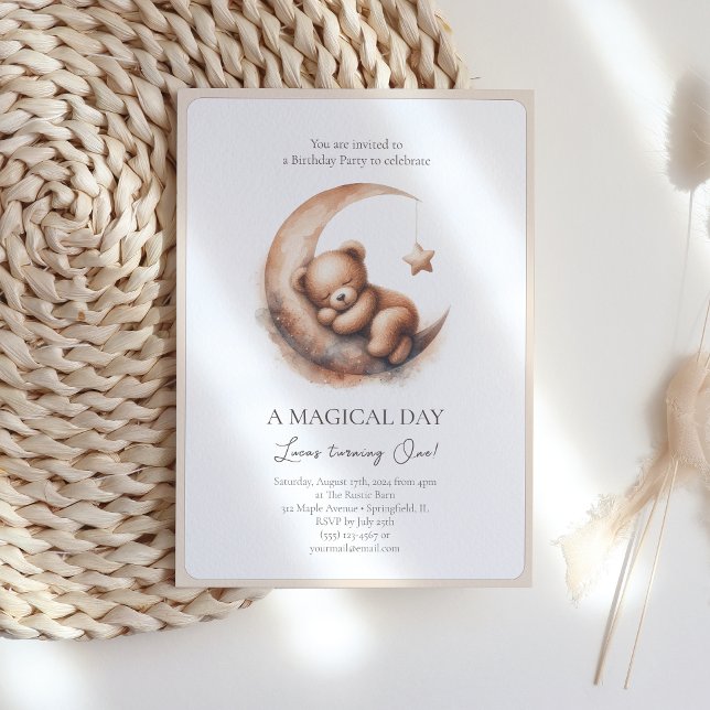 Convite Aquarela Dormindo Urso-Marrom-bege-Castanho na Lua (Criador carregado)