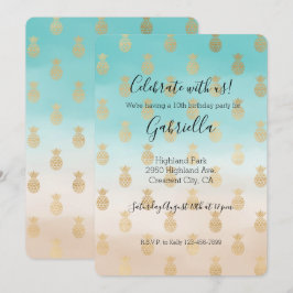 Convite Aquarela Dourada de Abacaxis com Creme de Pêssego