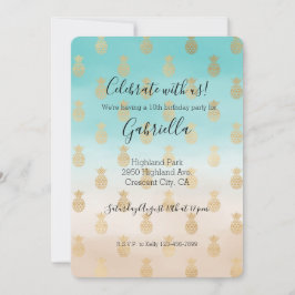 Convite Aquarela Dourada de Abacaxis com Creme de Pêssego