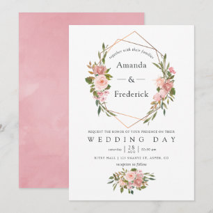 Convite Aquarela Dourado Geométrico Beijo Rosa Casamento