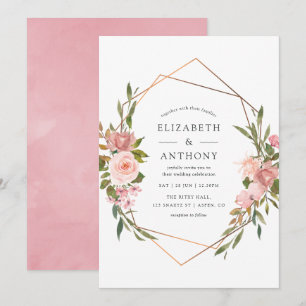 Convite Aquarela Dourado Geométrico Rosa Bege Casamento
